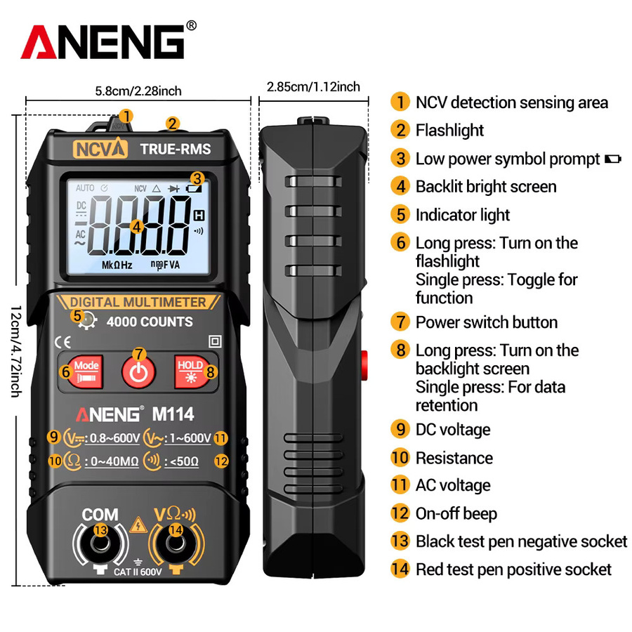 ANENG M114 Digital-Multimeter Tester in Schwarz mit DC/AC-Spannung, NCV, Widerstand und automatischer Hintergrundbeleuchtung - Bild 5