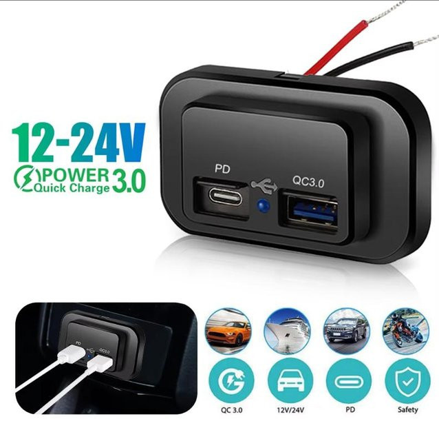 YJMP Auto Parts Dual USB Ladegerät mit QC3.0 und PD für Auto, Motorrad und Lkw in Schwarz und Blau - Bild 1