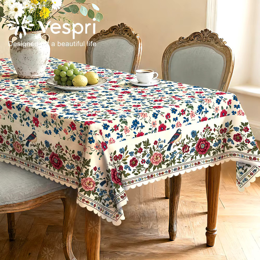 Vespri Frühlingstischdecke mit floralem Blumenmuster in Weiß und Rot für Ostern und Landhausstil, rund - Bild 2