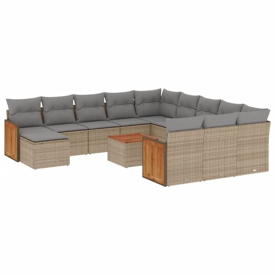 vidaXL 13-teilige Garten-Sofagarnitur aus Poly-Rattan und Akazienholz in Beige mit Kissen - Bild 2