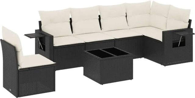 vidaXL 7-teilige Garten-Sofagarnitur in L-Form aus schwarzem PE-Rattan mit Polsterkissen und pulverbeschichtetem Stahlgestell - Bild 1