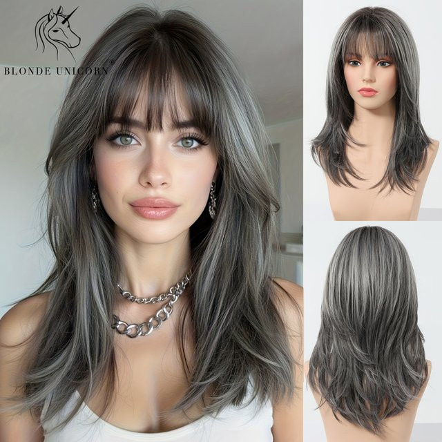 Schwarz-graue Ombre-Perücke, mittellang, gerade, synthetisch, mit Pony, Damen - Bild 1