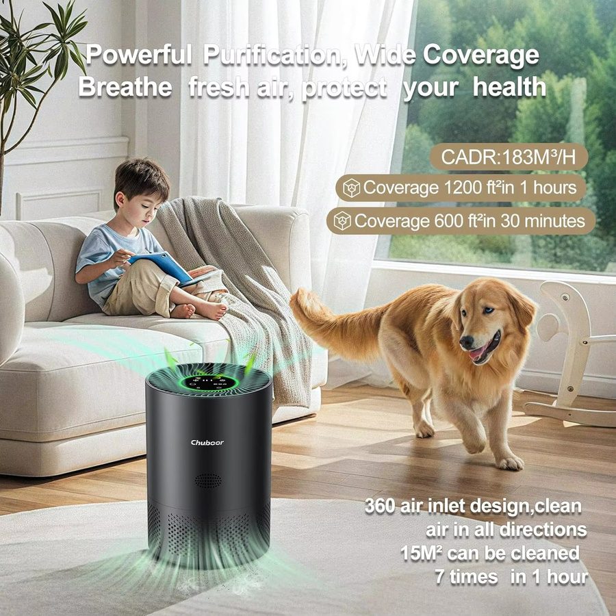 Chuboor Luftreiniger Schwarz mit H13 True HEPA Filter, PM2,5-Erkennung und WiFi-Funktion, 185 m³/h CADR - Bild 3