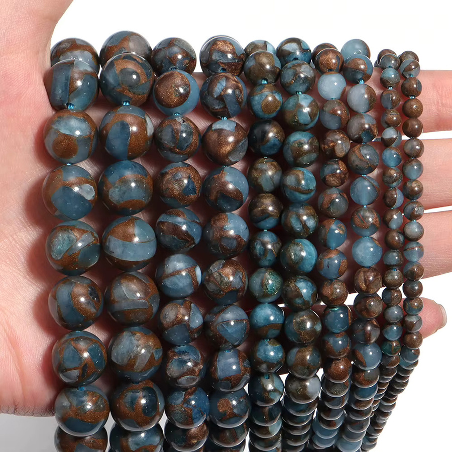 louleur Natursteinperlen, Blau-Goldene Farbe, Rund, Unisex - Bild 3