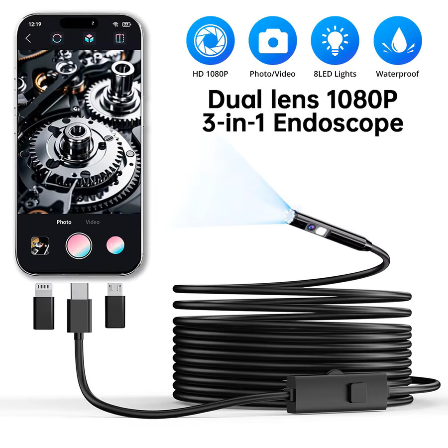 KERUI 2MP Mini-Inspektionskamera Endoskop für Autos und Rohrleitungen, Wasserdicht, Dual-Anschluss für USB-C und iPhone iOS, Schwarz - Bild 5