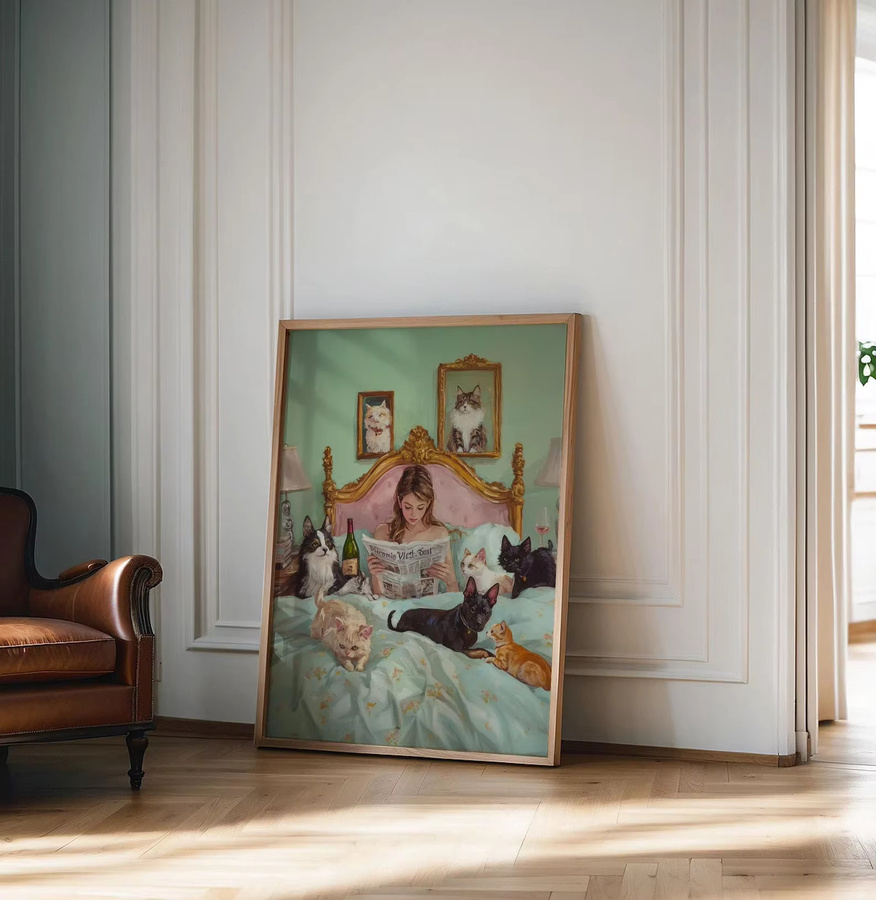 Vintage Wandkunst von SHENCHEN mit Katzenmotiv und Porträt einer lesenden Frau als Kunstdruck für dein Schlafzimmer - Bild 2