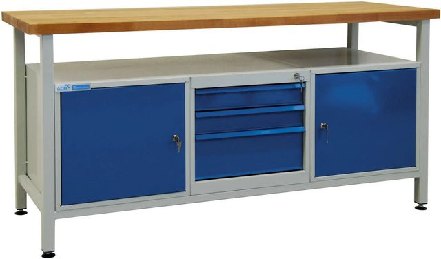 PROREGAL Werkbank Giant Rhino mit Ablagefach, 3 Schubladen und 2 Türen, H: 84 cm, B: 170 cm, T: 60 cm, Traglast 500 kg, Lichtgrau und Lichtblau - Bild 1