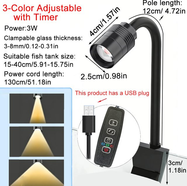 TUNFAN LED Aquarium-Scheinwerfer in Schwarz mit RGB-Beleuchtung, dimmbarer Zoombarkeit und Zyklus-Timer für Aquascape Decor - Bild 1