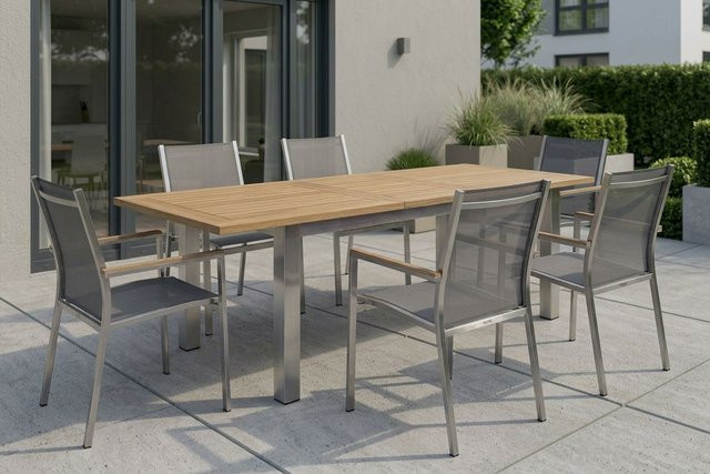 Stern Cardiff Garten-Essgruppe aus Edelstahl und recyceltem Teak in Silber/Silbergrau mit ausziehbarem Tisch und 6 Stapelsesseln - Bild 1