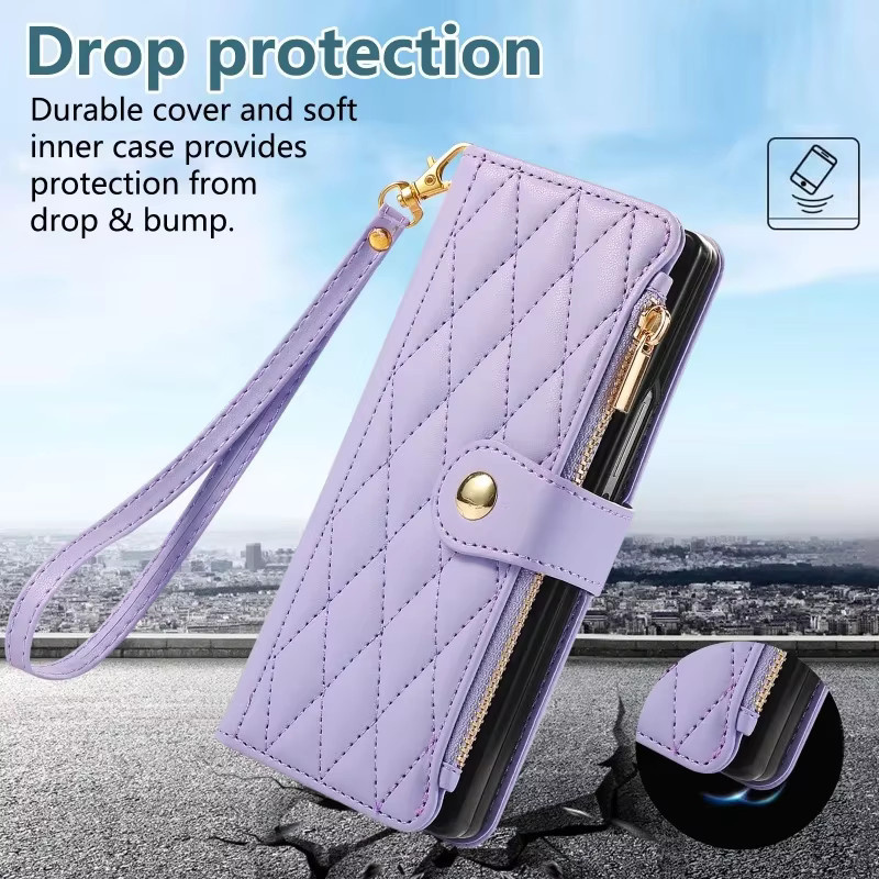 Leder Handyhülle mit Reißverschluss und Handschlaufe als Brieftasche für Samsung Galaxy Z Fold 7, Fold 6, Fold 5, Fold 4, Fold 3 in Beige oder Purple - Bild 5