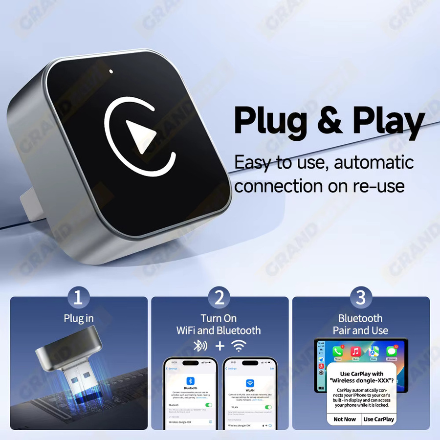 Grandnavi Mini 2in1 Wireless CarPlay und Android Auto USB Adapter Dongle Smart Box in Schwarz für VW Toyota Nissan Honda Ford Benz und KIA - Bild 3