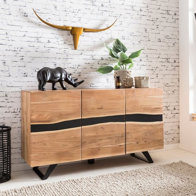 Finebuy Massivholz Sideboard aus Akazie in Natur mit 3 Türen und Metallgestell in Schwarz, Landhausstil, Breite: 148 cm - Bild 1