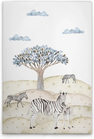Tadessi Leinwandbild Safari Zebras in Beige, Blau und Multicolour, Hochformat, Breite: 40 cm, Höhe: 60 cm