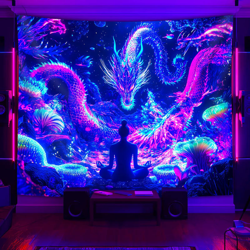VIKAMA Neon-Drachen-Wandteppich in Multicolour für dein Wohnzimmer, Oriental Fantasy Wanddeko für Meditation und Yoga, B: 60 cm, H: 40 cm - Bild 3