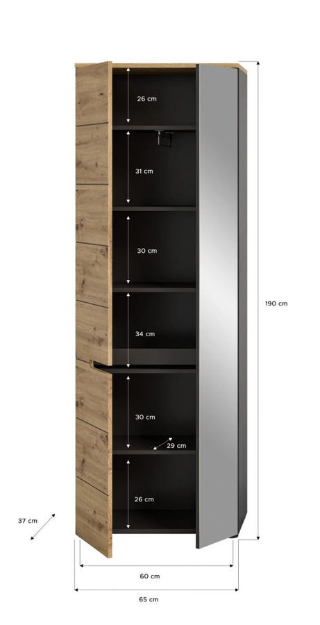 Garderobenschrank Cooper von Inn.Furn in Eiche und Grau mit Soft-Close und Spiegel, B/T/H: 65 x 37 x 190 cm - Bild 6