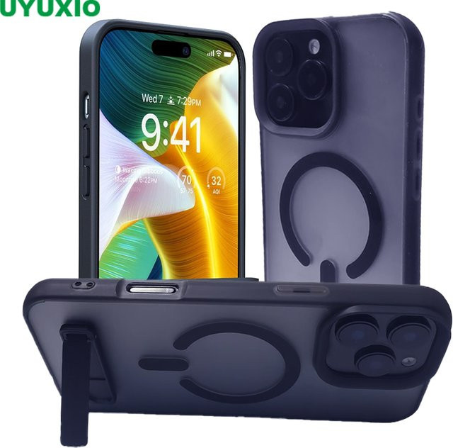 UYUXIO Magnetische Handyhülle mit Ständer für iPhone 16 15 14 13 12 11 Pro Max, stoßfeste Rückseite mit Halterung, Schwarz - Bild 1
