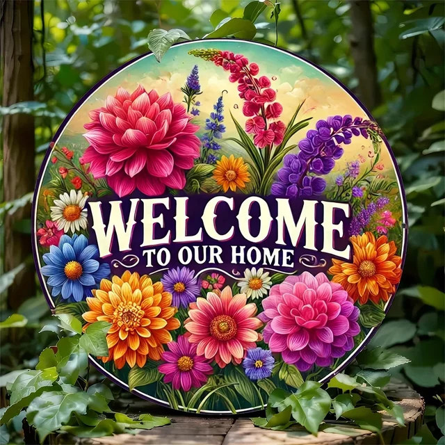 Potdemiel Aluminiumschild Welcome to Our Home mit Frühlingsblumenkranz, Schwarz Multicolor, B/T/H: 19,8 x 19,8 x 0,1 cm - Bild 1