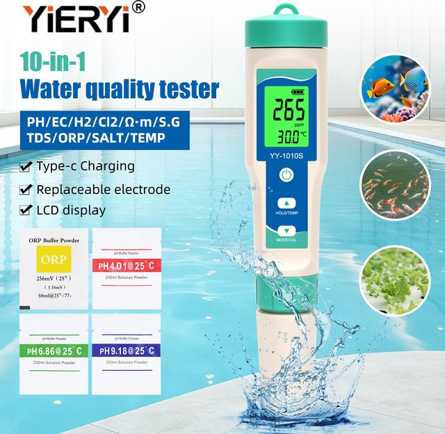 Yieryi 10-in-1 Wasserqualitätstester wiederaufladbar für pH, TDS, EC, Salzgehalt, ORP, H2, S.G., Chlor, MΩ und Temperatur für Trinkwasser und Spa - Bild 1