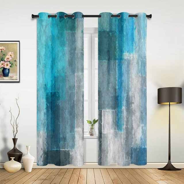 Yiran Furniture Vorhang mit abstraktem Ölgemälde-Design in Blau, Vintage-Stil, halbtransparent, Breite: 135 cm, Höhe: 160 cm - Bild 1