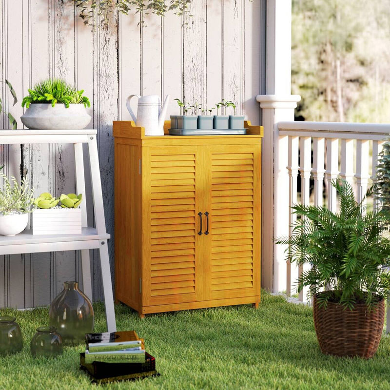 Outsunny Gartenschrank aus Tannenholz in Gelb mit Lamellentüren und Ablagen, B/T/H: 65,5 x 40 x 98,5 cm - Bild 5