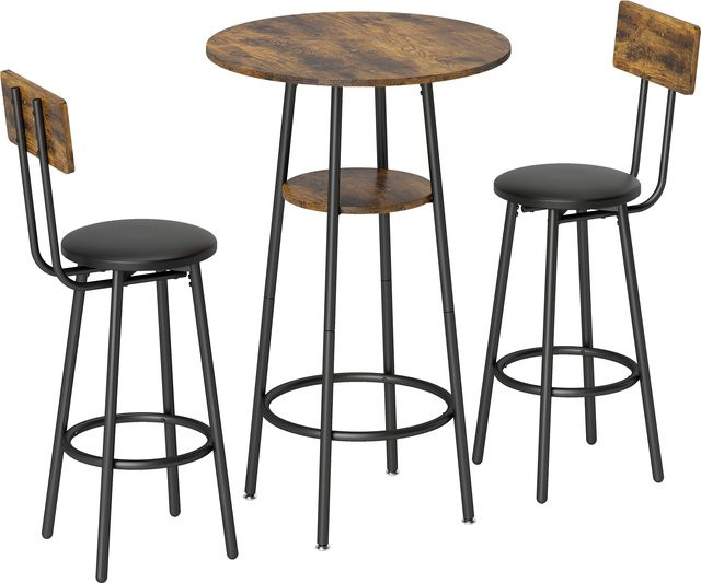 HOMCOM Bartisch Set im Industrial Design mit 2 gepolsterten Stühlen und Ablage, Rustikal-Braun/Schwarz - Bild 1