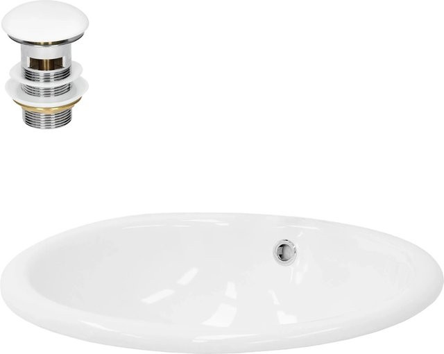 ML-Design Waschbecken aus Keramik in Weiß Glänzend, Oval, mit Ablaufgarnitur, B: 49 cm, T: 40,5 cm, H: 19,5 cm - Bild 1