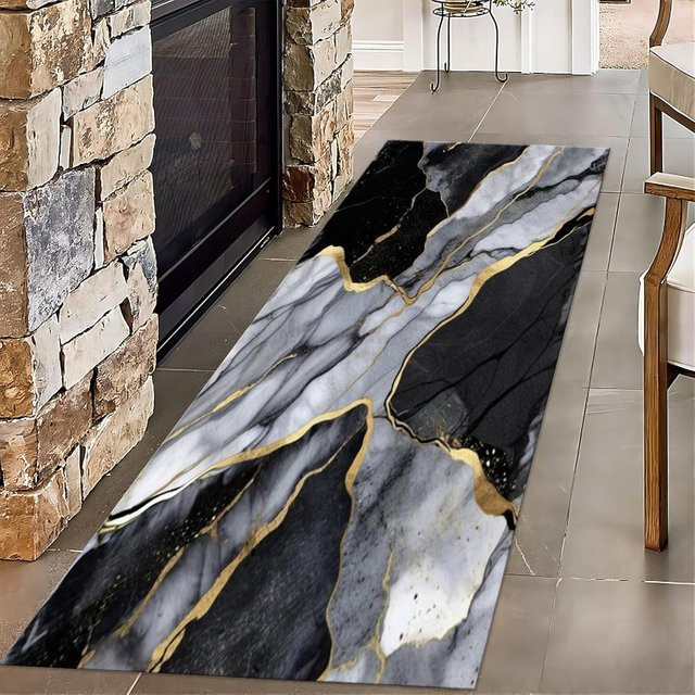 Moderner Runner-Teppich in Schwarz mit Marmorstruktur im nordischen Stil, rutschfest und wasserabsorbierend für Wohnzimmer, Schlafzimmer oder Balkon - Bild 1