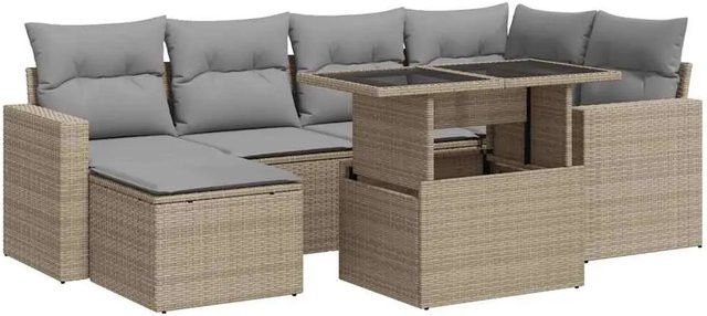vidaXL 7-teilige Garten-Sofagarnitur aus Poly-Rattan mit Kissen in Beige-Grau - Bild 1