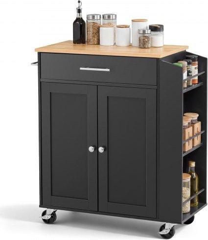 VEVOR Kücheninsel mit Rollen in Schwarz, Mobiler Servierwagen mit Schublade, Schrank, Gewürzregal und Handtuchhalter, Breite: 79,5 cm, Tiefe: 39,7 cm, Höhe: 87,0 cm - Bild 1