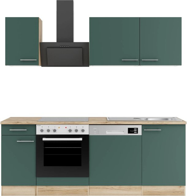 OPTIFIT Savona405 Küchenzeile in Steingrün mit modernem Design und melaminbeschichteten Qualitätsspanplatten, Breite: 210 cm, Tiefe: 57 cm, Höhe: 82 cm - Bild 1