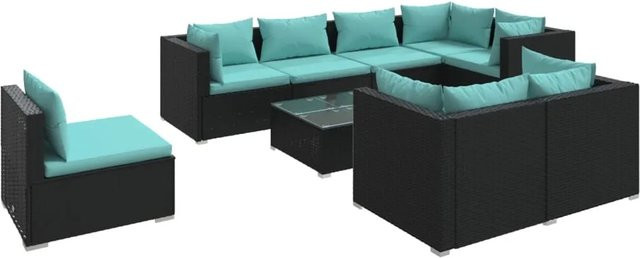 vidaXL 9-tlg Garten-Lounge-Set in U-Form aus Poly-Rattan und pulverbeschichtetem Stahl in Schwarz mit blauen Kissen - Bild 1