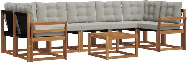 vidaXL Outdoor-Sofagarnitur 8-teilig aus Akazienholz mit Textilene-Bezug und Kissen in Natur und Hellgrau - Bild 1