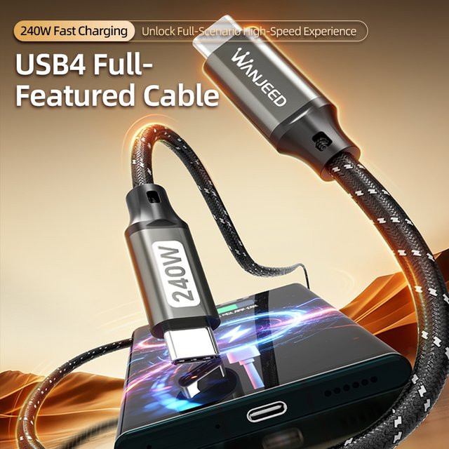 WANJEED USB4 USB-C-auf-USB-C-Kabel in Schwarz mit 40 Gbit/s Datenübertragung, 240 W 5 A PD-Schnellladung und 8K@120Hz Videoausgabe, geflochten - Bild 1