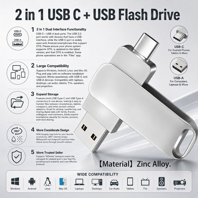 Amzwn 2-in-1 USB-Speicherstick mit USB-C und USB 2.0 Schnittstelle für Smartphone und Computer, Metall, Silber/Grau, 128GB - Bild 1