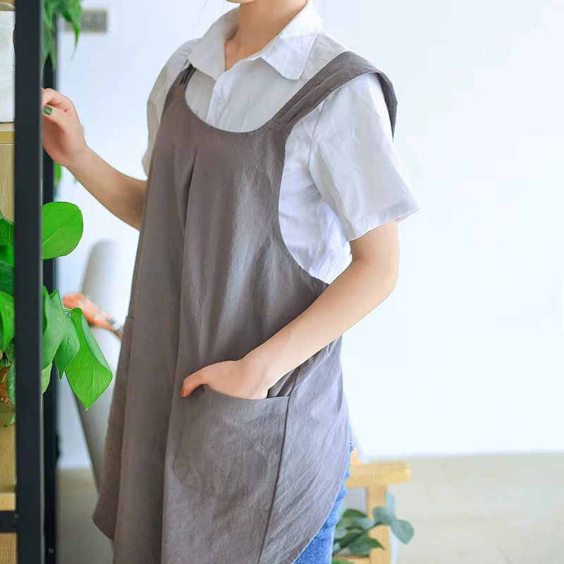 HUA HUA Schürze für Damen mit überkreuztem Rücken und Taschen in Beige - Bild 2