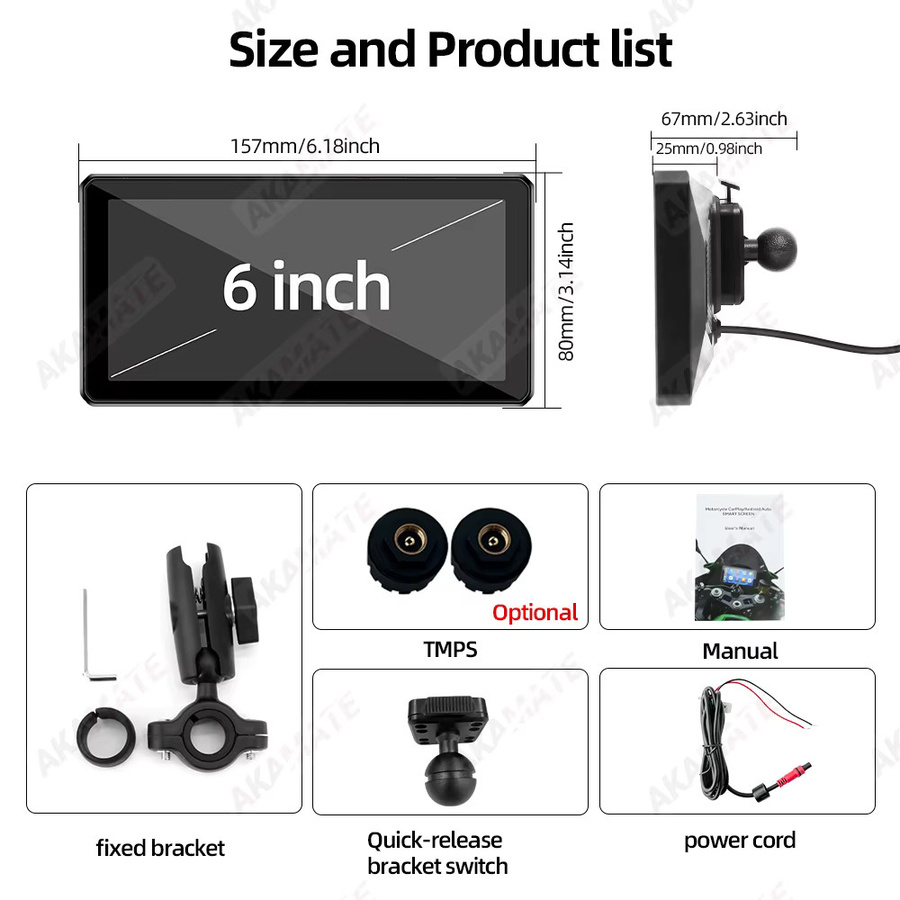 AKAMATE Motorrad Navigation Display mit 6 Zoll Bildschirm, Drahtlose CarPlay und Android Auto, Wasserdicht, Bluetooth, Schwarz - Bild 6