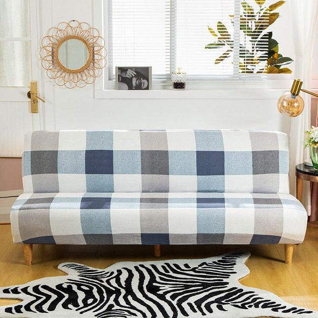 Stretch-Sofabezug ohne Armlehne in Blau mit Karomuster für Sofas von 160 bis 185 cm Breite - Bild 1