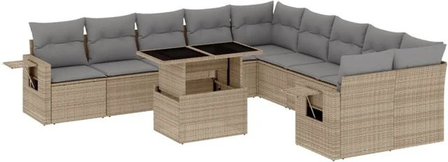 vidaXL 11-tlg Garten-Sofagarnitur in L-Form aus beigem Poly-Rattan mit wetterfesten Kissen und pulverbeschichtetem Stahlgestell - Bild 1