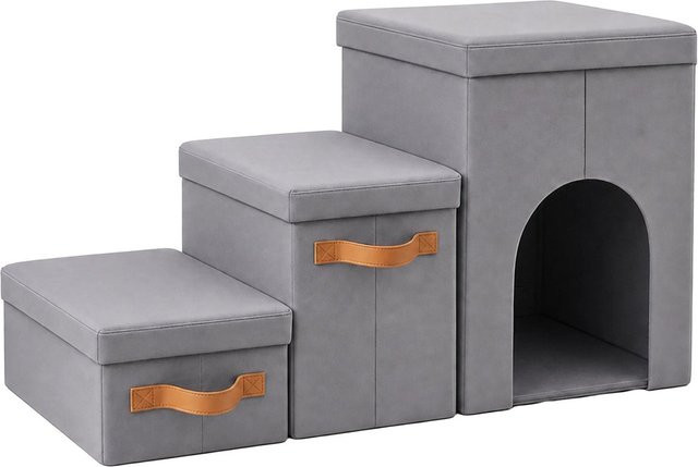 Relaxdays Hundetreppe mit Höhle, grau, 3-stufig, rutschfest und faltbar, Polyester und Karton, B: 78 cm, H: 44,5 cm, T: 33,5 cm - Bild 1