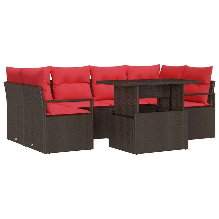 vidaXL Garten-Sofa-Set aus Poly-Rattan in Braun und Rot mit 7-teiligem Set inklusive Kissen und Couchtisch - Bild 2