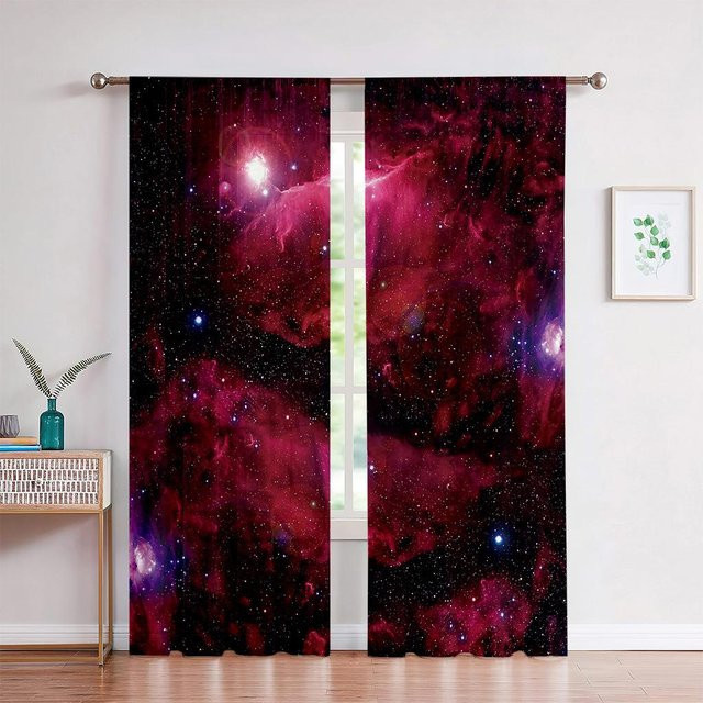 Set aus zwei Sternenhimmel-Themenvorhängen mit Galaxie- und Sternenbild-Motiv in Lila, Breite: 50 cm, Höhe: 60 cm - Bild 1