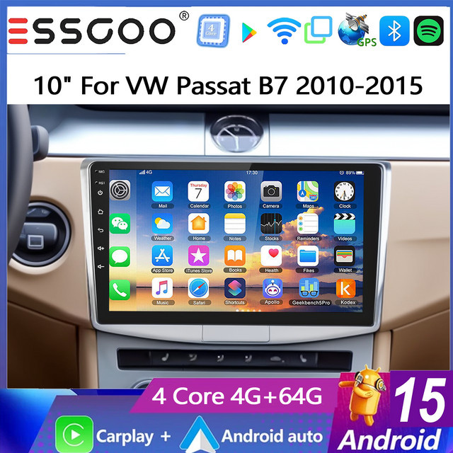 ESSGOO Android 15 Autoradio mit 10 Zoll IPS Touchscreen, 4+64GB, GPS, Wireless Carplay, Android Auto, Bluetooth, Wifi und Mirror Link für VW Passat B7 CC Magotan 2010-2015, Schwarz - Bild 1