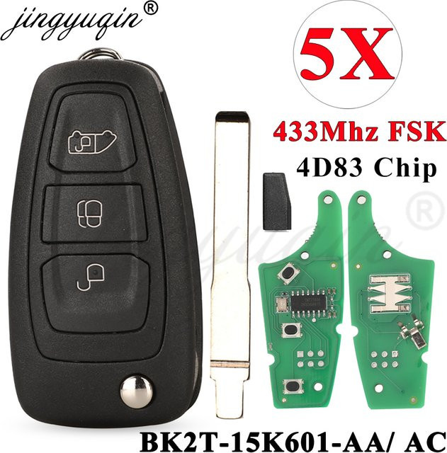 Jingyuqin 5er Set 3BTN Flip-Remote-Schlüsselanhänger 433 MHz FSK 4D83 in Schwarz für Ford Transit Custom MK8, Tourneo Custom, Focus MK3 und Ranger ab 2013 - Bild 1