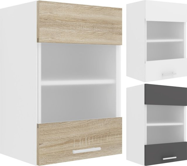 VCM Küchenschrank hängend Esilo in Weiß mit Mattglas-Ausschnitt und zwei Fächern, H x B x T: 60 x 40 x 31 cm - Bild 1