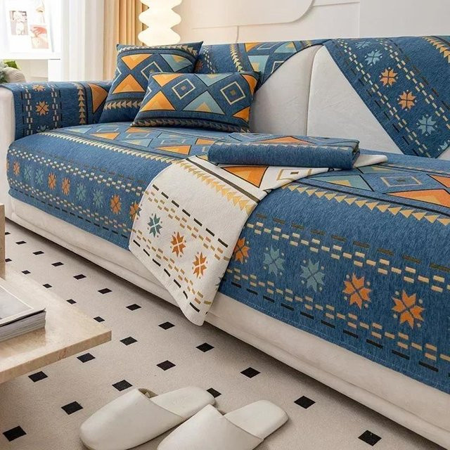 Bohemia Sofakissen aus Chenille im marokkanischen Stil, Blau, B/T/H: 45 x 45 x 45 cm - Bild 1