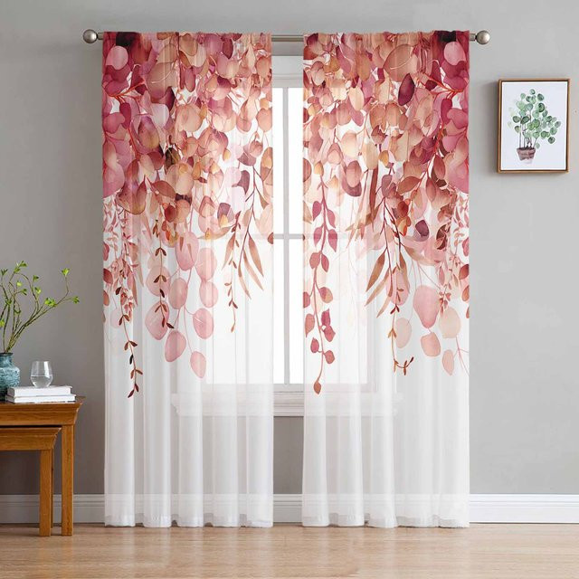 Transparente Tüll-Vorhänge mit Aquarell-Eukalyptus-Blättern in Rot und Weiß, B: 135 cm, H: 115 cm - Bild 1
