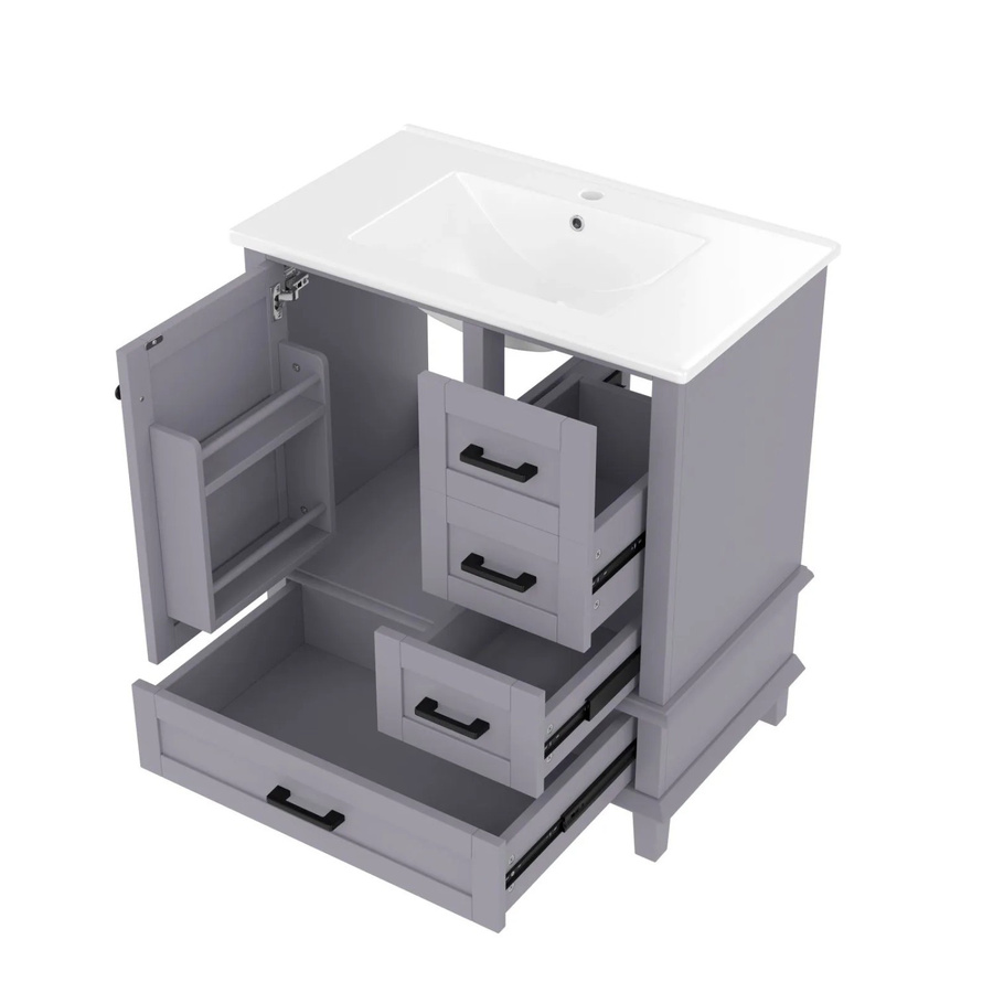 PXloue Badezimmerschrank mit Waschbecken aus Keramik in Grau, freistehend mit Schubladen und Türregal, B/T/H: 83,5 x 46,0 x 76,0 cm - Bild 2