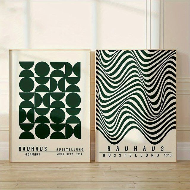 3er-Set Bauhaus Wandkunst mit grünen geometrischen Motiven - Bild 1