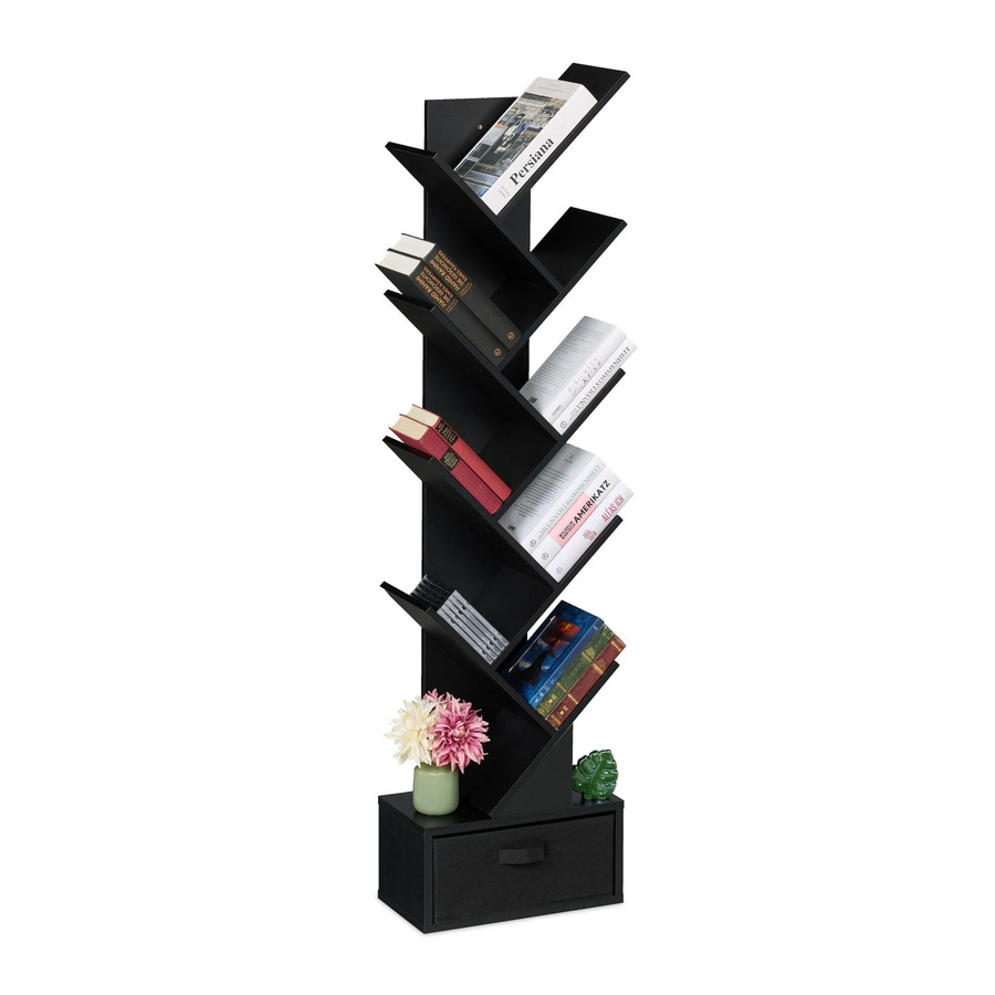 Relaxdays Bücherregal in Baumform aus Spanplatte mit Schublade, Schwarz matt, H x B x T: 146 x 38 x 22 cm - Bild 2
