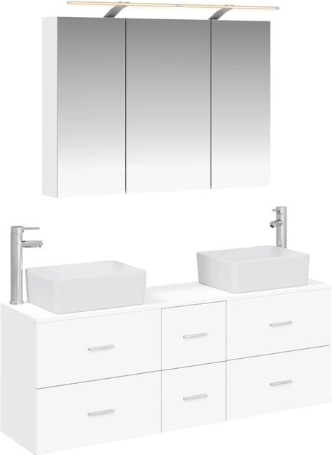 vidaXL Badezimmermöbel-Set 4-teilig in Weiß, modern mit Glasfronten, LED-Beleuchtung und Waschtischunterschrank - Bild 1